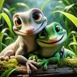 Two cute, stylized chibi geckos, one beige and one green, cuddling on a mossy log in a lush rainforest.