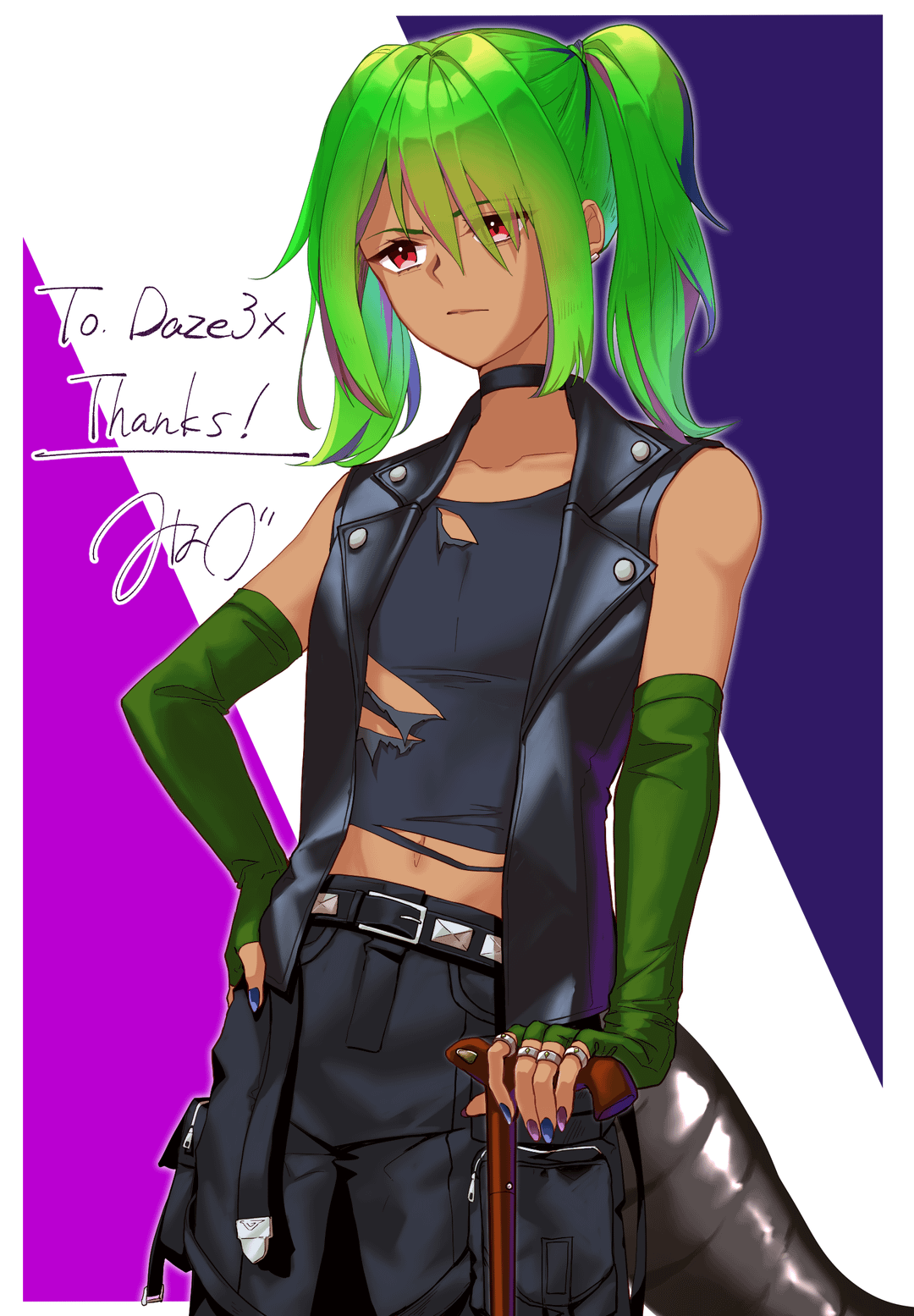 Anime art of Nachieli, a nonbinary salamander person with bright green hair in a ponytail and black leather clothing.