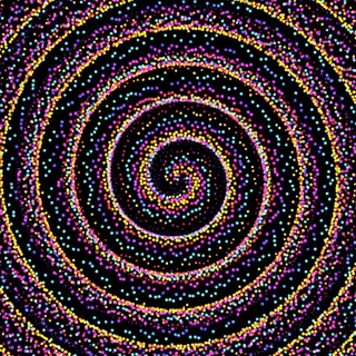 Hypnospiral animation of a colorful, shimmering spiral of dots rotating on a black background.