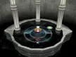 Caitlin, a chibi Pokemon trainer in a white and red outfit, standing in a pool of water within a stone chamber.