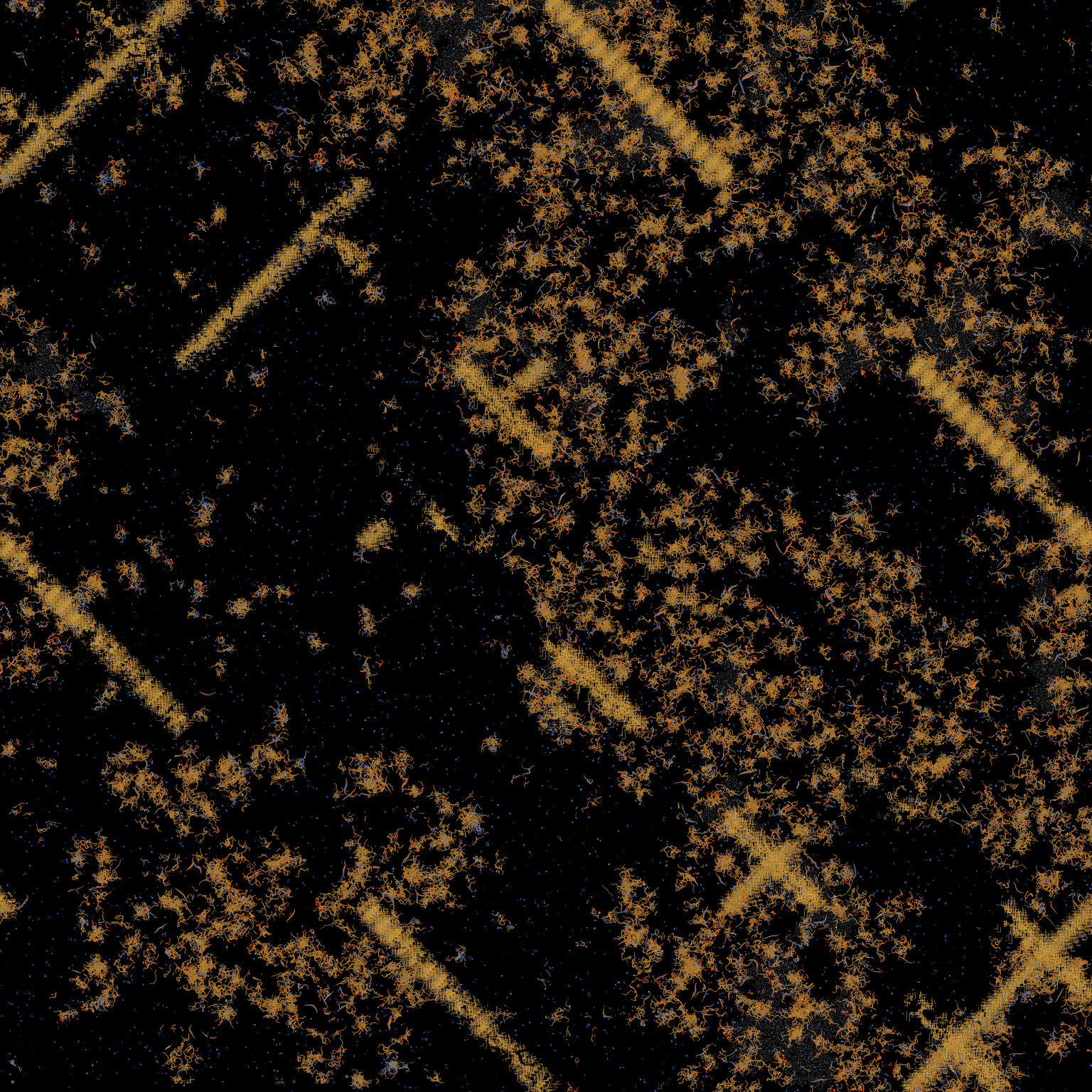 Cursed Minecraft mineshaft generation with strange geometric patterns of gold, blue, and red on a black background.