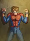 Muscular man in a Spider-Man costume, blindfolded and handcuffed to a wall, straining against his restraints.