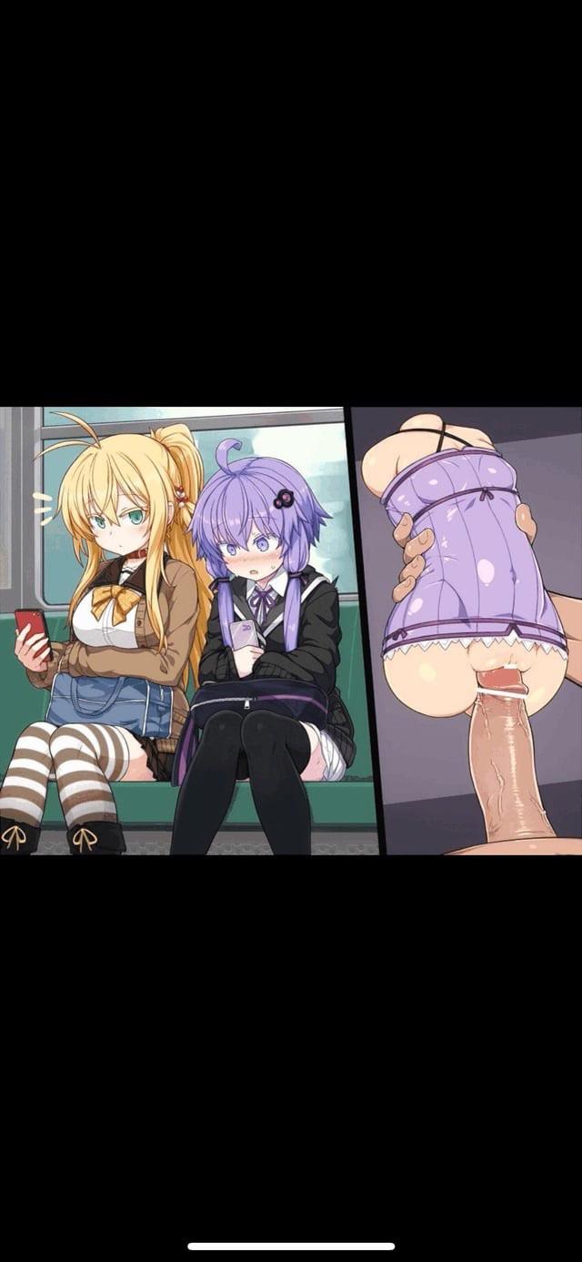 Hentai anime art featuring a muscular man and busty Asian women with various hair colors in bondage and sexual acts