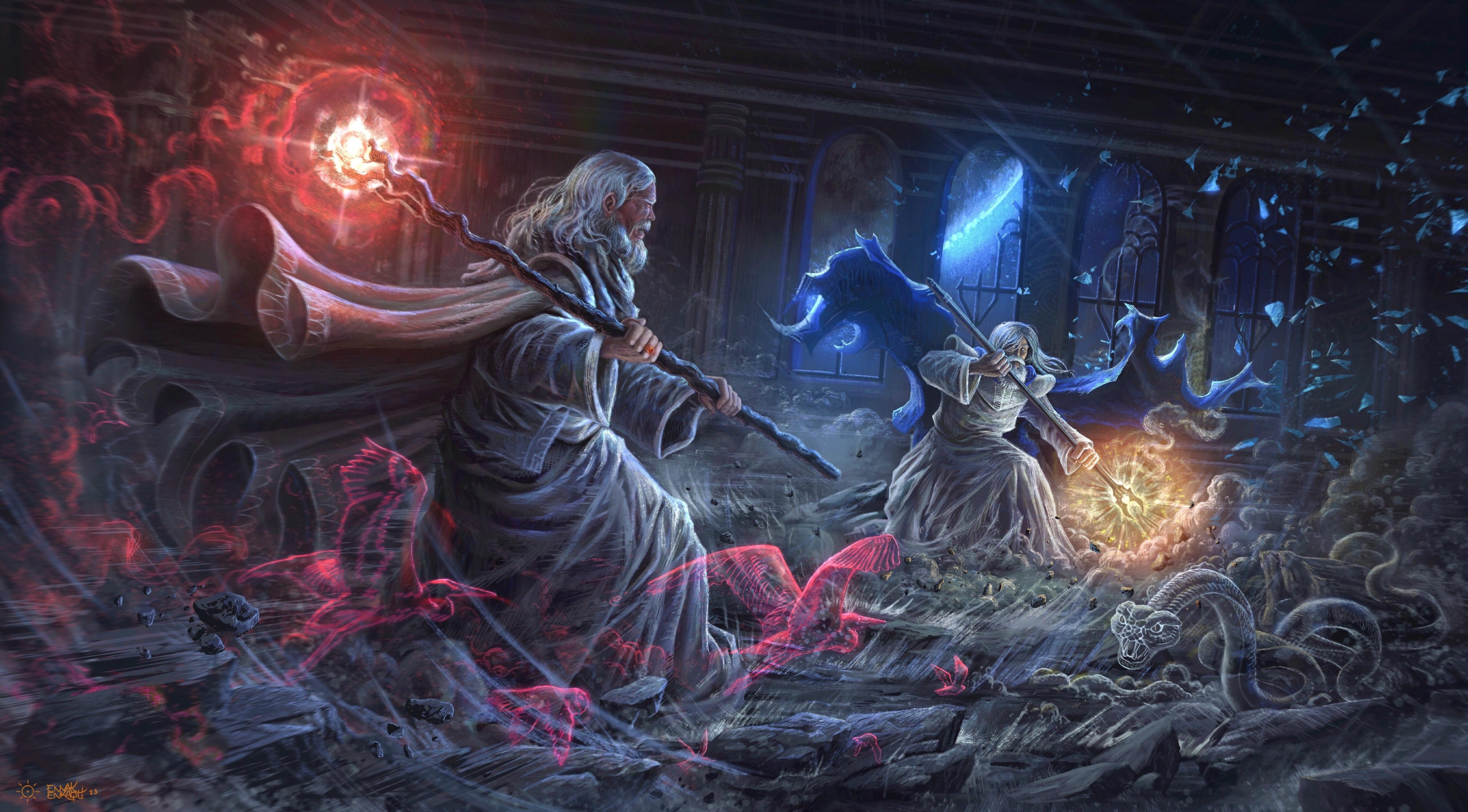 Envakenkaqti Art digital art of a fire dragon, demon, magic girl, wizard, and other fantasy characters