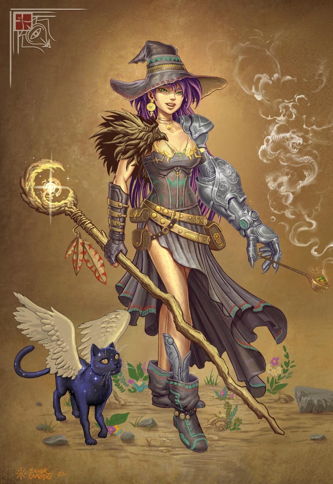 Envakenkaqti Art digital art of a fire dragon, demon, magic girl, wizard, and other fantasy characters