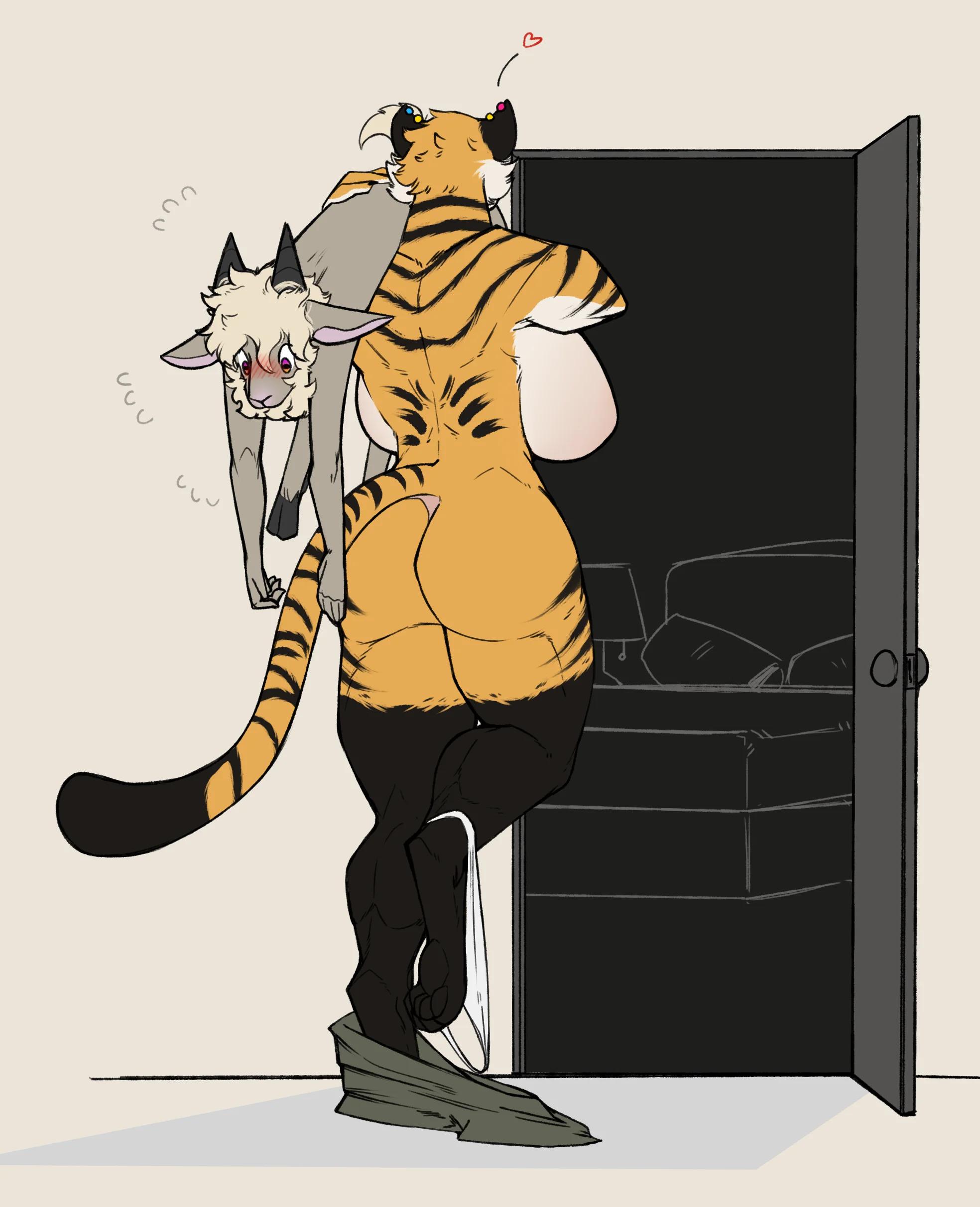 Anthro feline furry woman with a hyper body pinning a slim male under her while using a laptop in a bedroom.