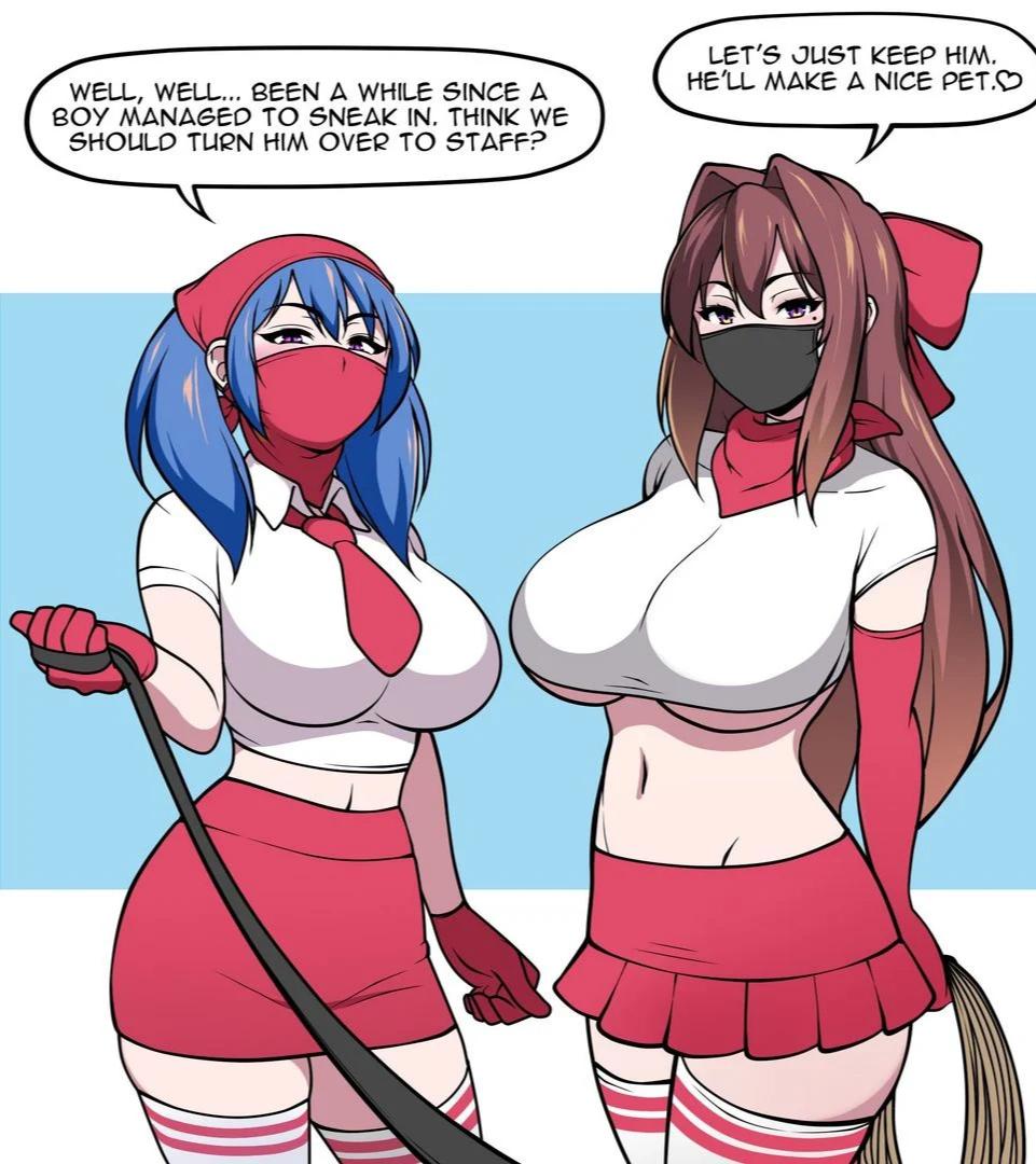 Anthro feline furry woman with a hyper body pinning a slim male under her while using a laptop in a bedroom.