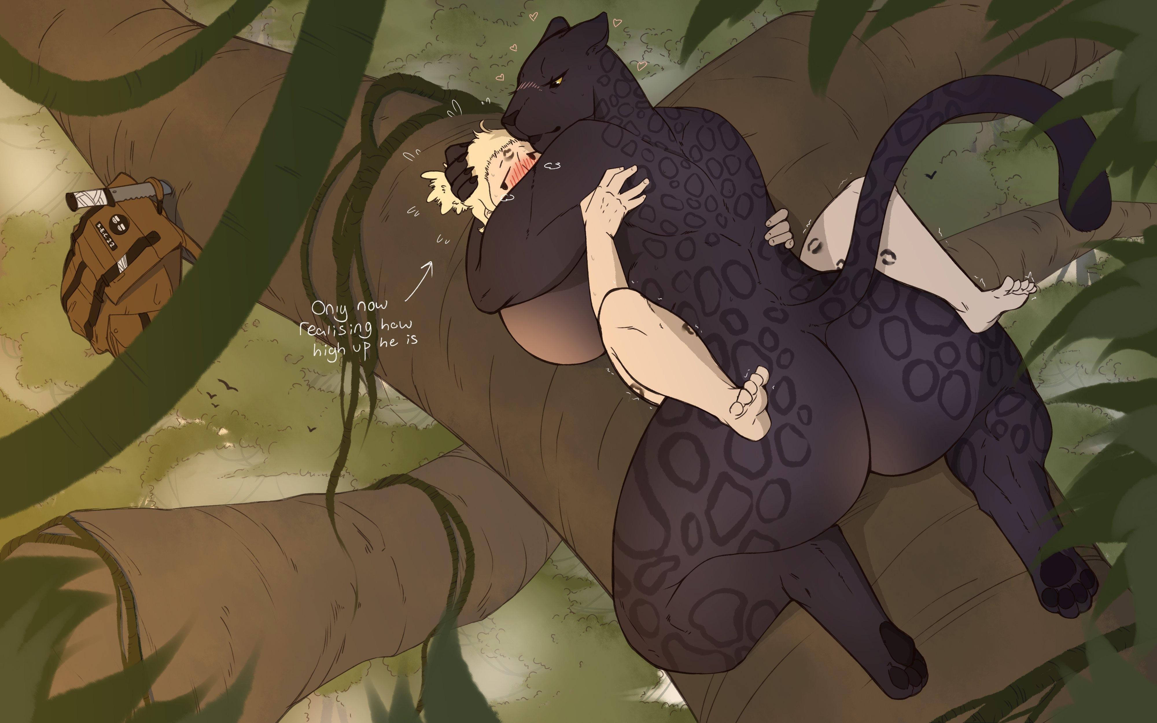 Anthro feline furry woman with a hyper body pinning a slim male under her while using a laptop in a bedroom.