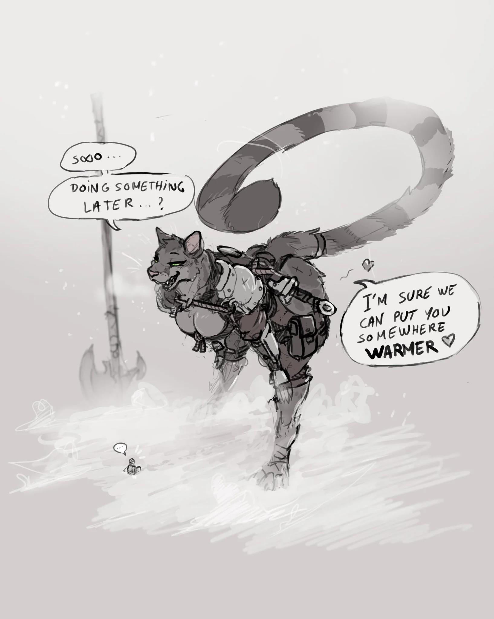 Anthro feline furry woman with a hyper body pinning a slim male under her while using a laptop in a bedroom.