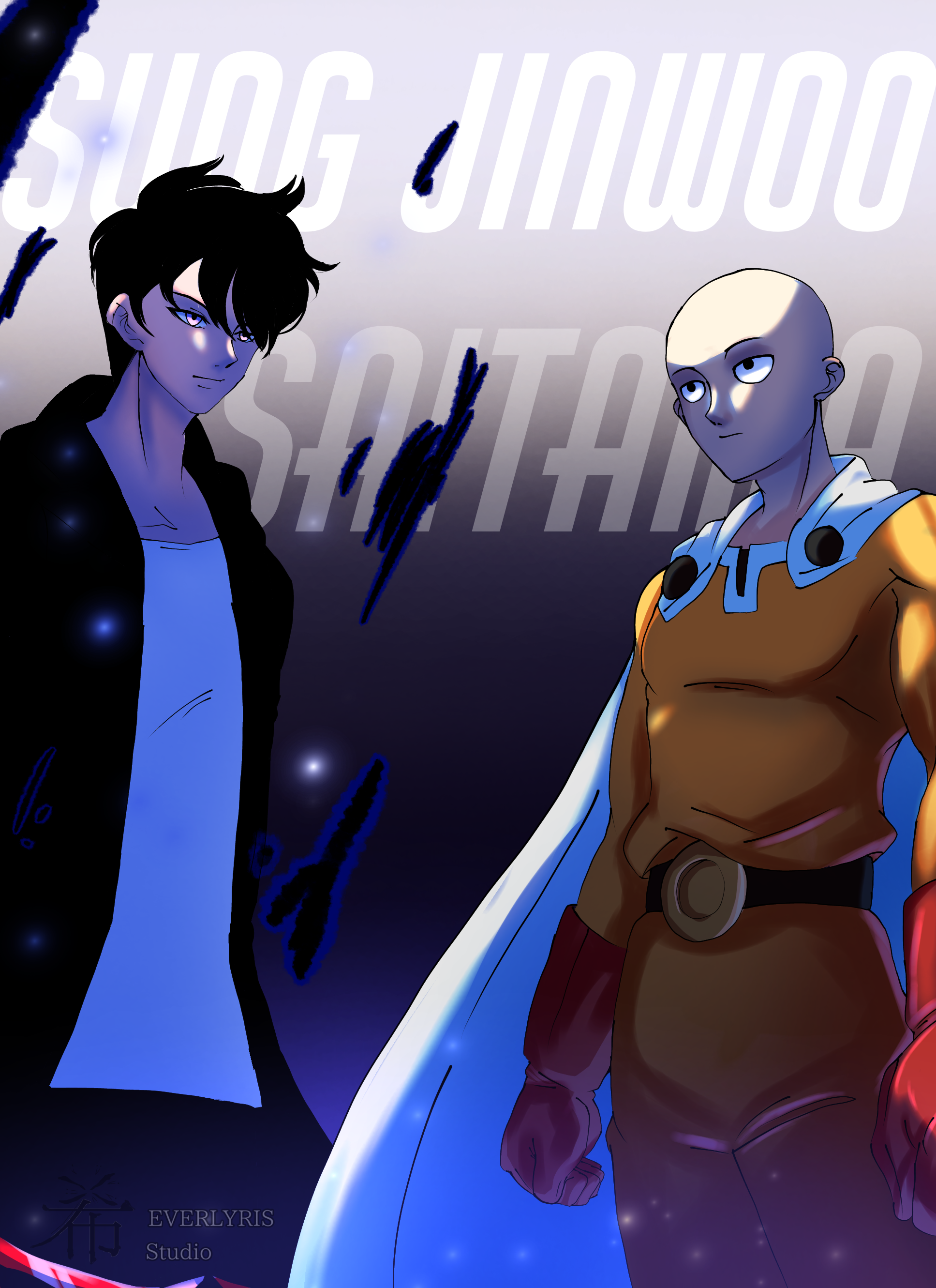 Saitama and Sung Jinwoo anime fan art showing a sketch and final colored version against a dark background