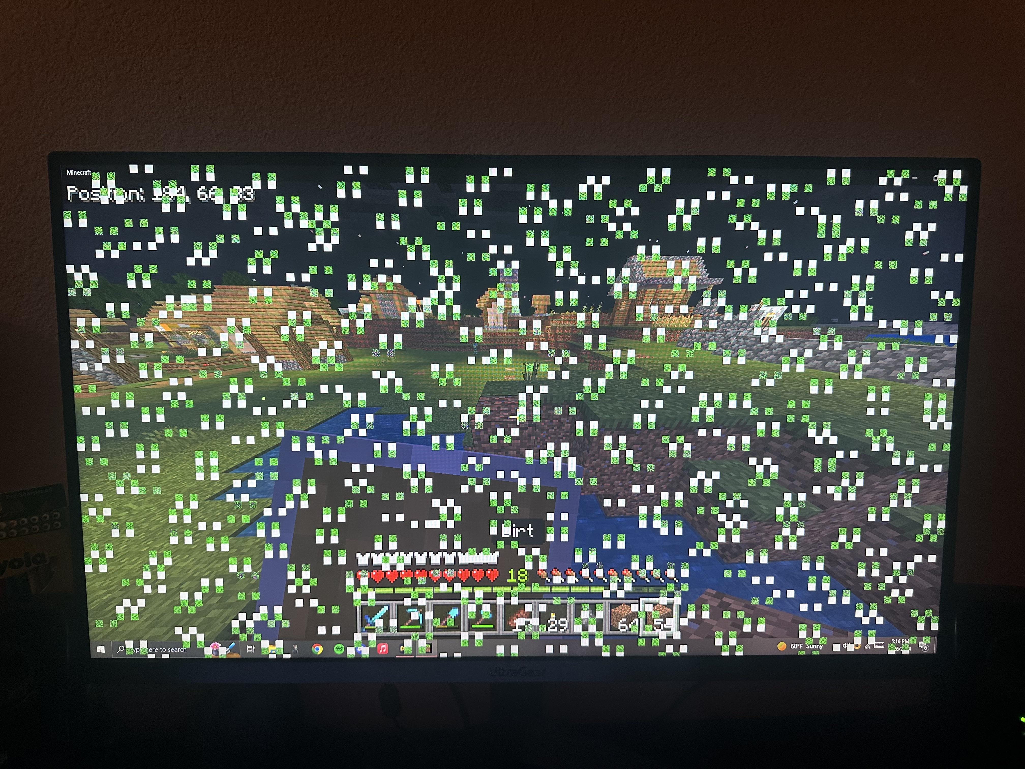 Cursed Minecraft game screen on an UltraGear computer monitor with white and green glitch artifacts