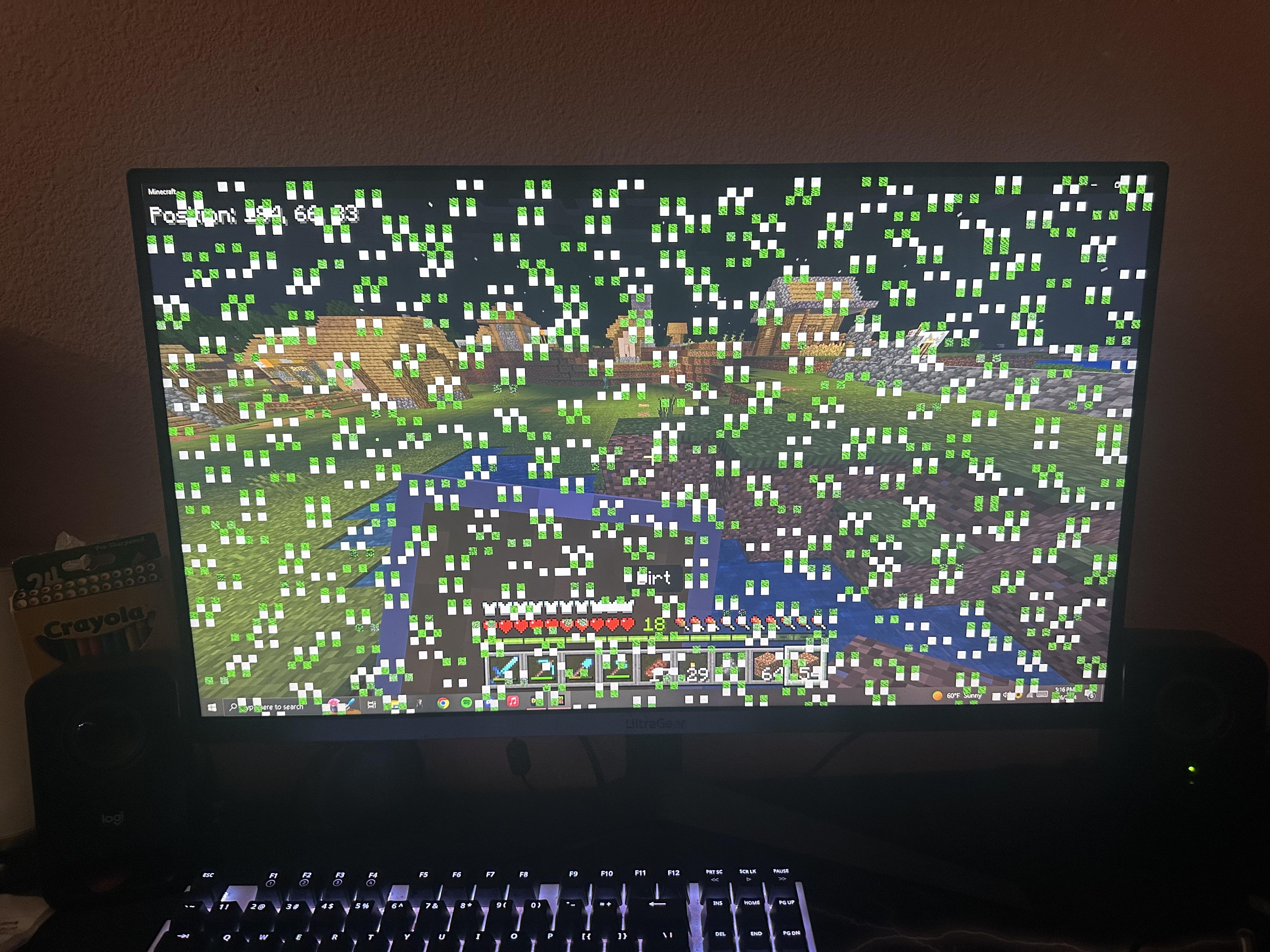 Cursed Minecraft game screen on an UltraGear computer monitor with white and green glitch artifacts
