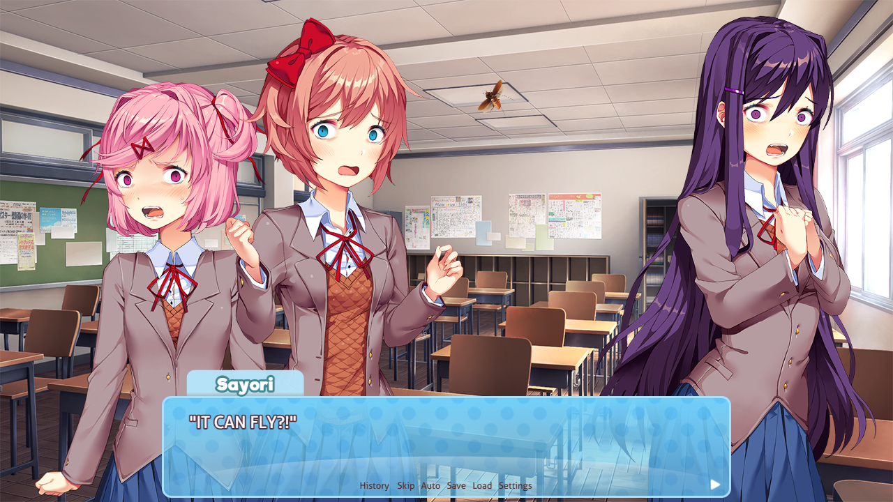 DDLC characters Sayori, Yuri, and Natsuki in school uniforms reacting to a cockroach in a classroom and hallway