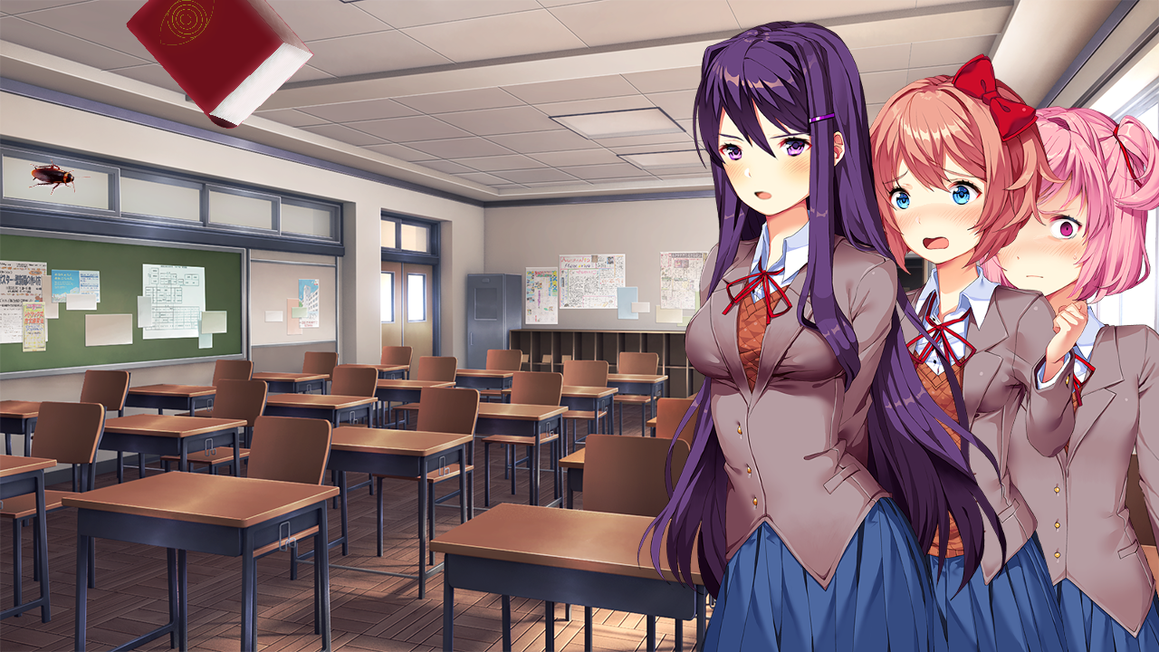 DDLC characters Sayori, Yuri, and Natsuki in school uniforms reacting to a cockroach in a classroom and hallway