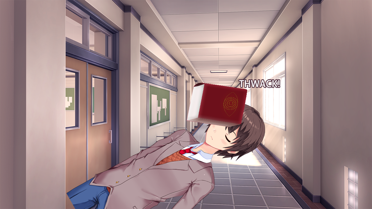 DDLC characters Sayori, Yuri, and Natsuki in school uniforms reacting to a cockroach in a classroom and hallway