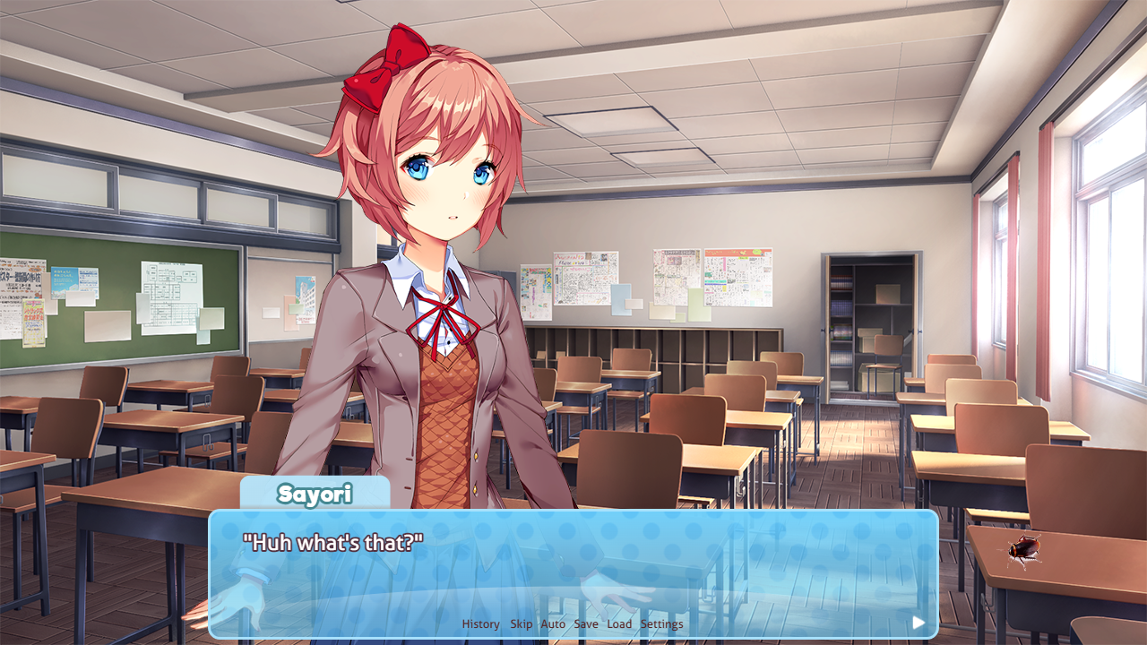 DDLC characters Sayori, Yuri, and Natsuki in school uniforms reacting to a cockroach in a classroom and hallway