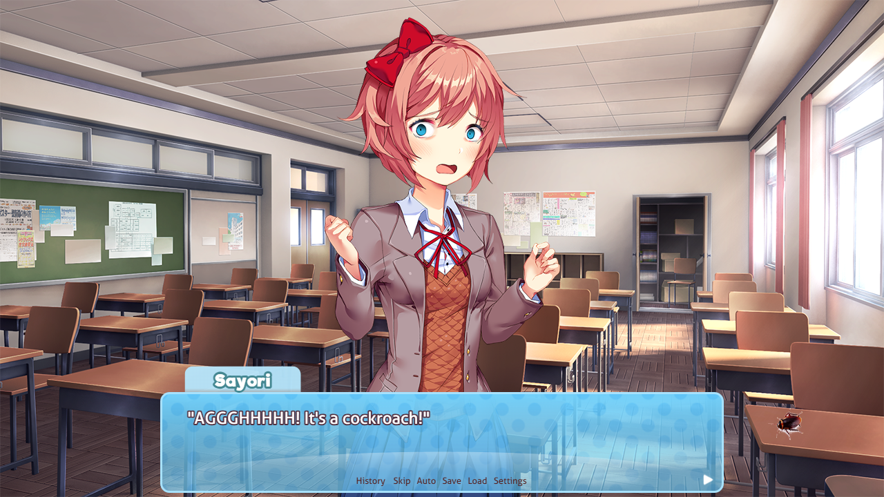 DDLC characters Sayori, Yuri, and Natsuki in school uniforms reacting to a cockroach in a classroom and hallway