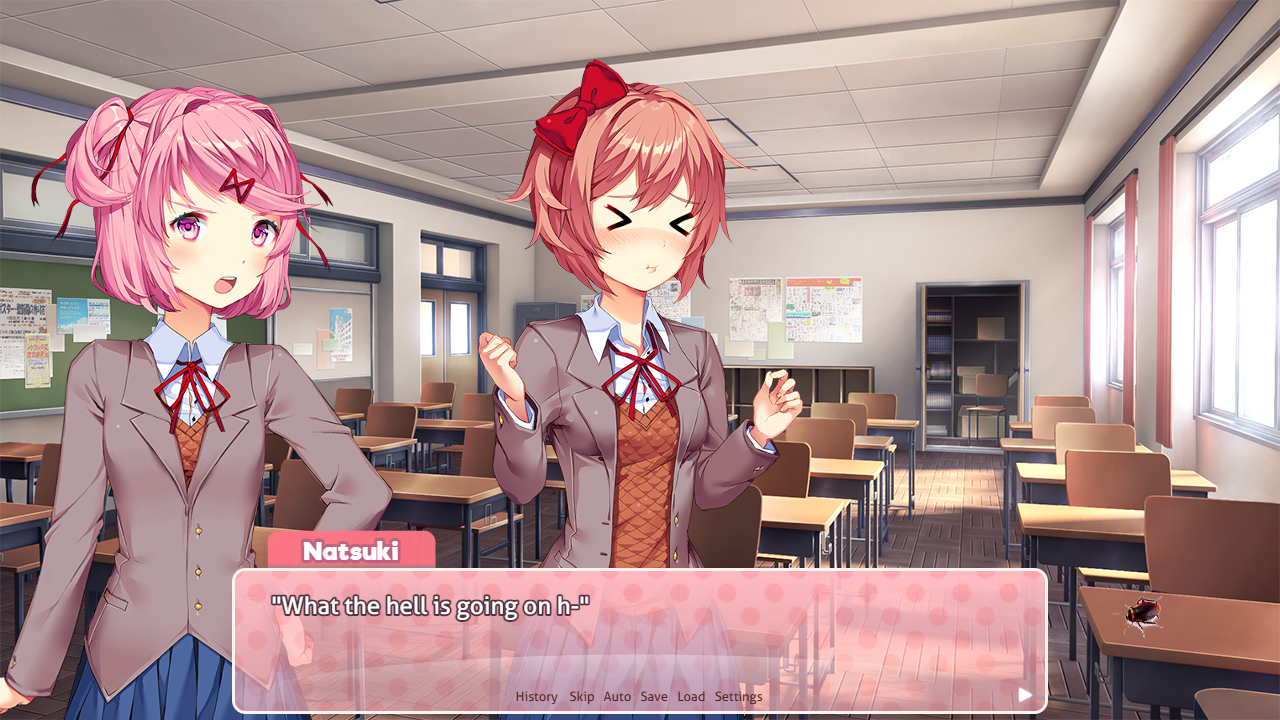 DDLC characters Sayori, Yuri, and Natsuki in school uniforms reacting to a cockroach in a classroom and hallway
