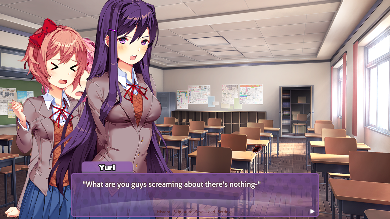 DDLC characters Sayori, Yuri, and Natsuki in school uniforms reacting to a cockroach in a classroom and hallway