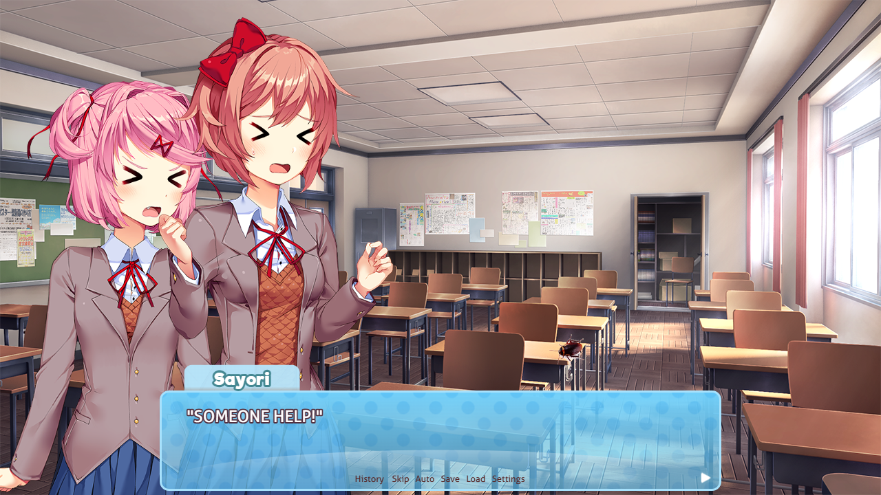 DDLC characters Sayori, Yuri, and Natsuki in school uniforms reacting to a cockroach in a classroom and hallway