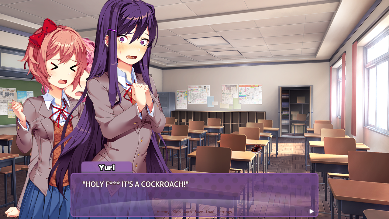 DDLC characters Sayori, Yuri, and Natsuki in school uniforms reacting to a cockroach in a classroom and hallway