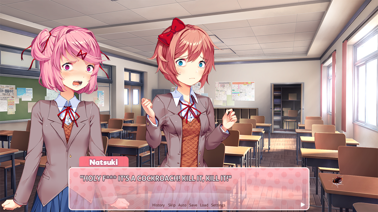 DDLC characters Sayori, Yuri, and Natsuki in school uniforms reacting to a cockroach in a classroom and hallway