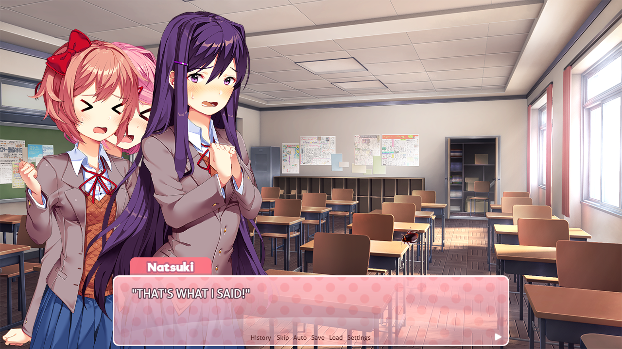 DDLC characters Sayori, Yuri, and Natsuki in school uniforms reacting to a cockroach in a classroom and hallway