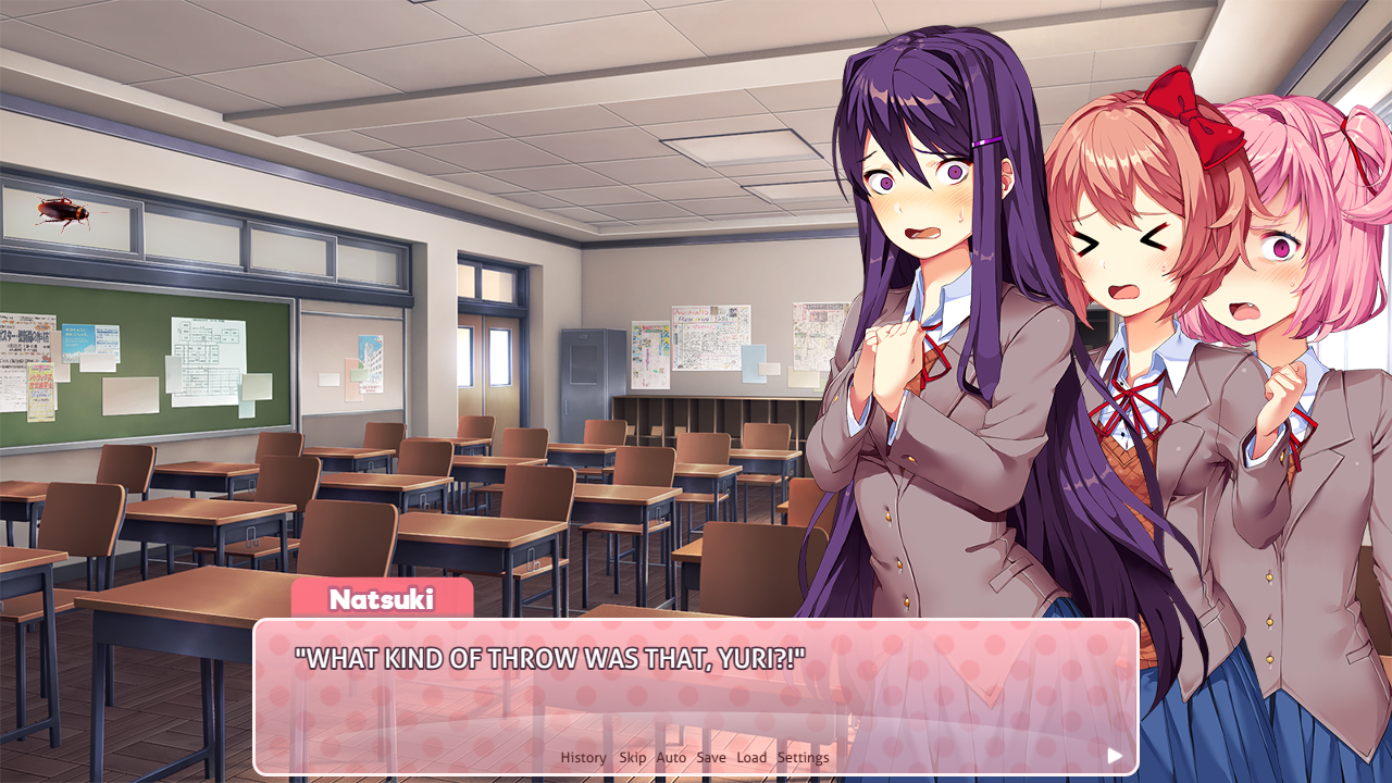 DDLC characters Sayori, Yuri, and Natsuki in school uniforms reacting to a cockroach in a classroom and hallway