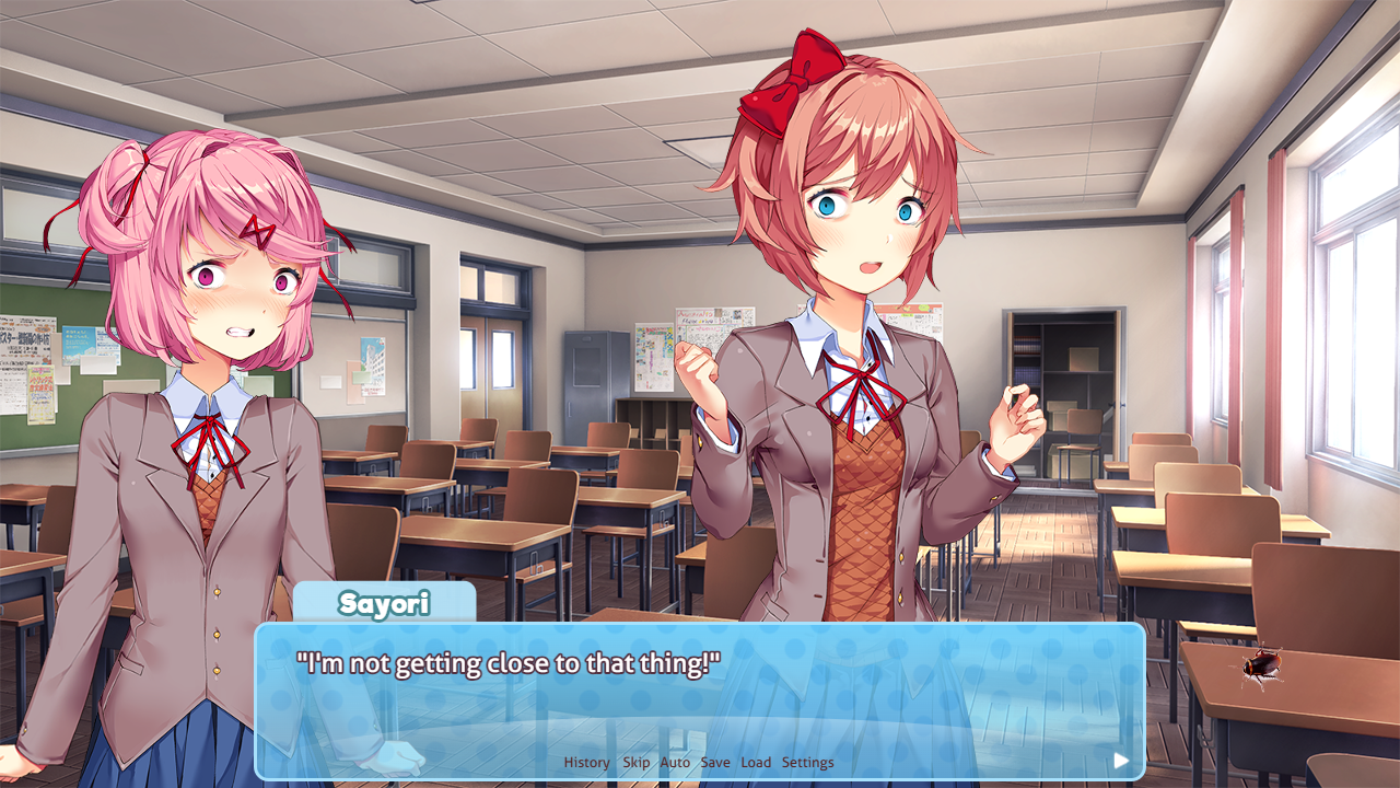 DDLC characters Sayori, Yuri, and Natsuki in school uniforms reacting to a cockroach in a classroom and hallway