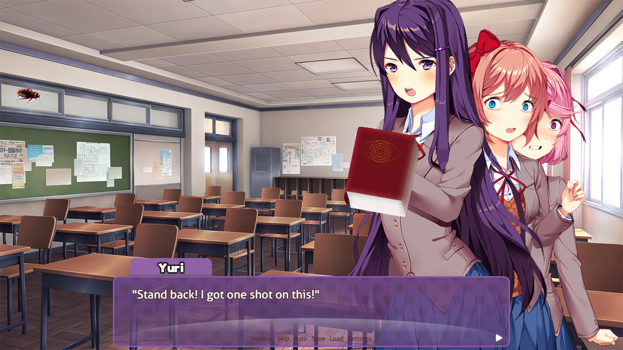 DDLC characters Sayori, Yuri, and Natsuki in school uniforms reacting to a cockroach in a classroom and hallway