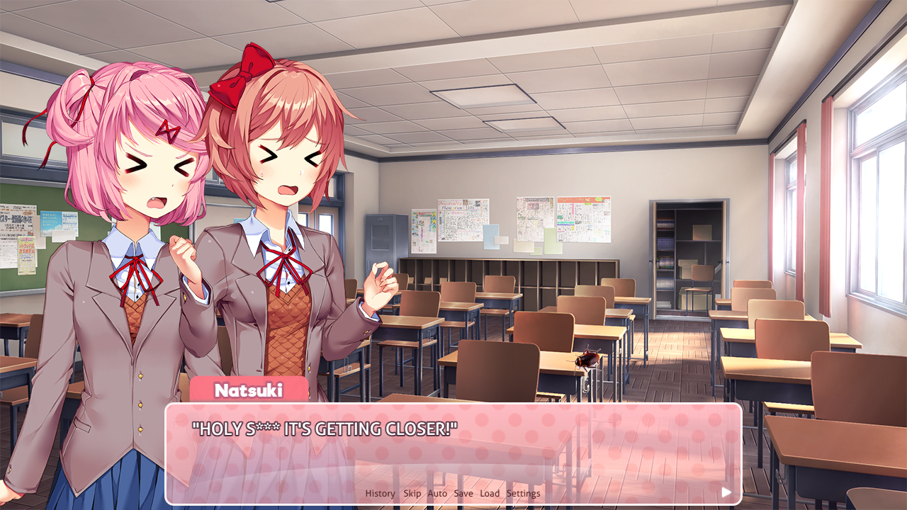 DDLC characters Sayori, Yuri, and Natsuki in school uniforms reacting to a cockroach in a classroom and hallway