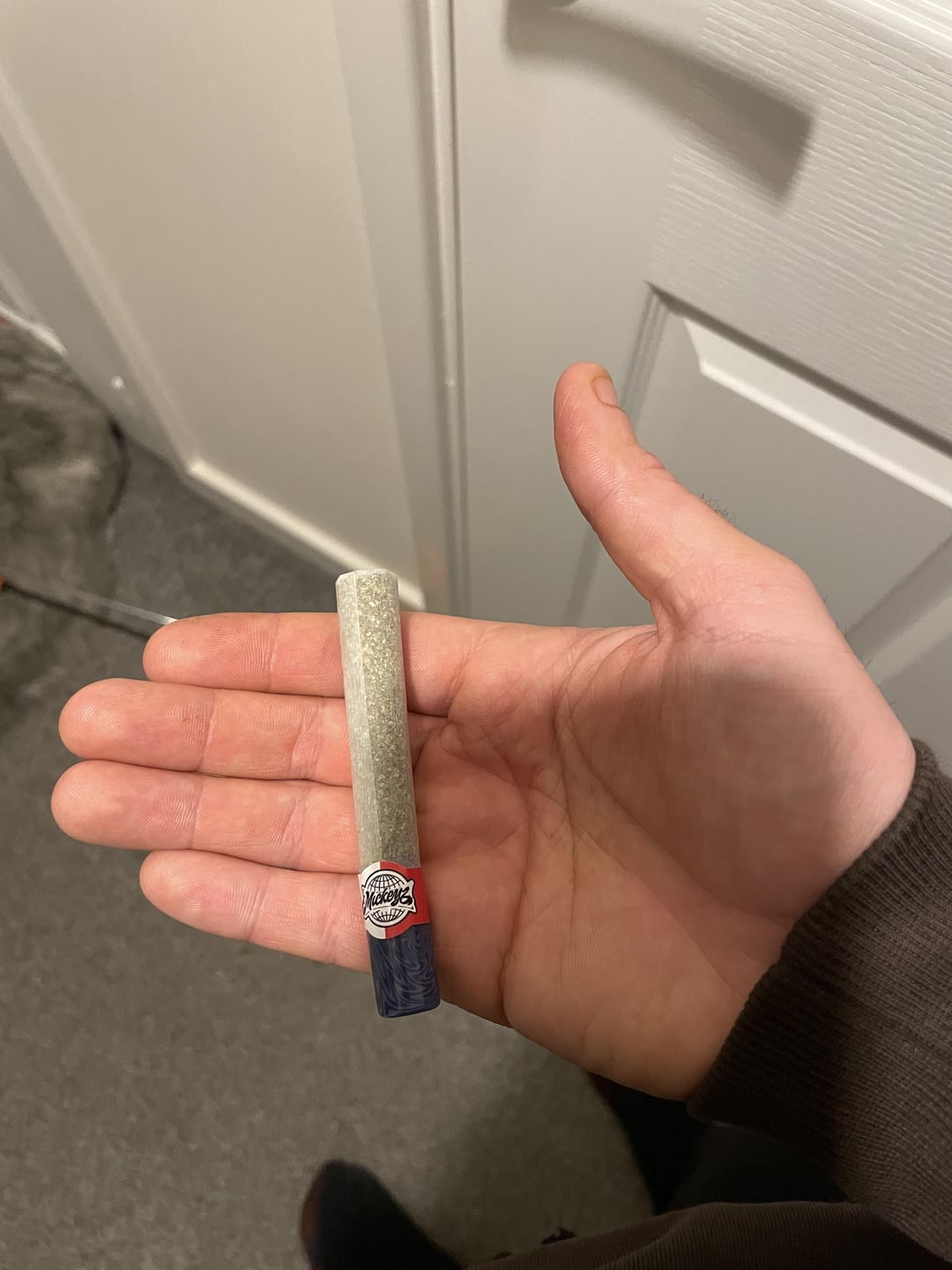 Slim white man in a brown wool sweater holding a pre-rolled joint indoors.