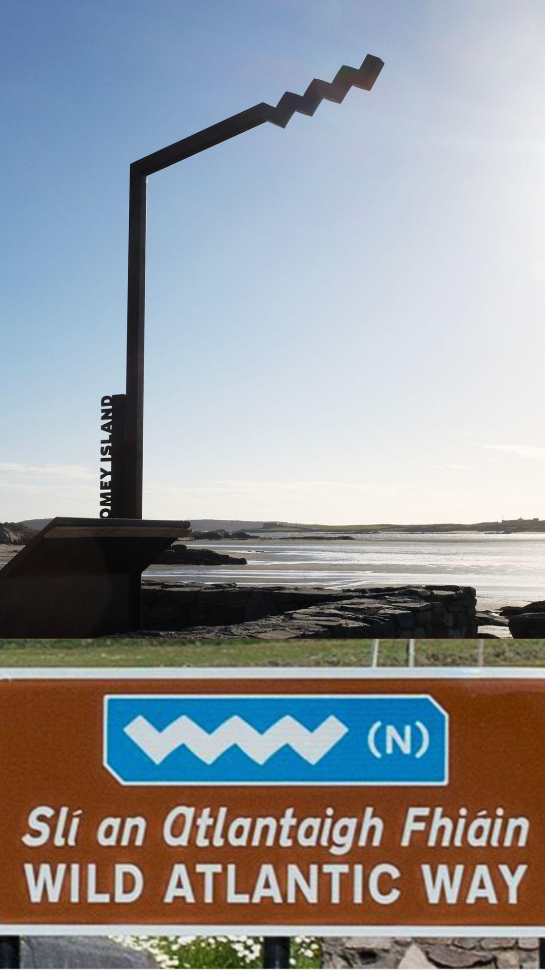 Ireland's Wild Atlantic Way brilliant signage is simple and minimal. Both road signage and modern signposts at specific spots. Simple line hides the acronym WAW
