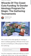 Magic: The Gathering news article about Wizards of the Coast cutting funding for a gender ideology program