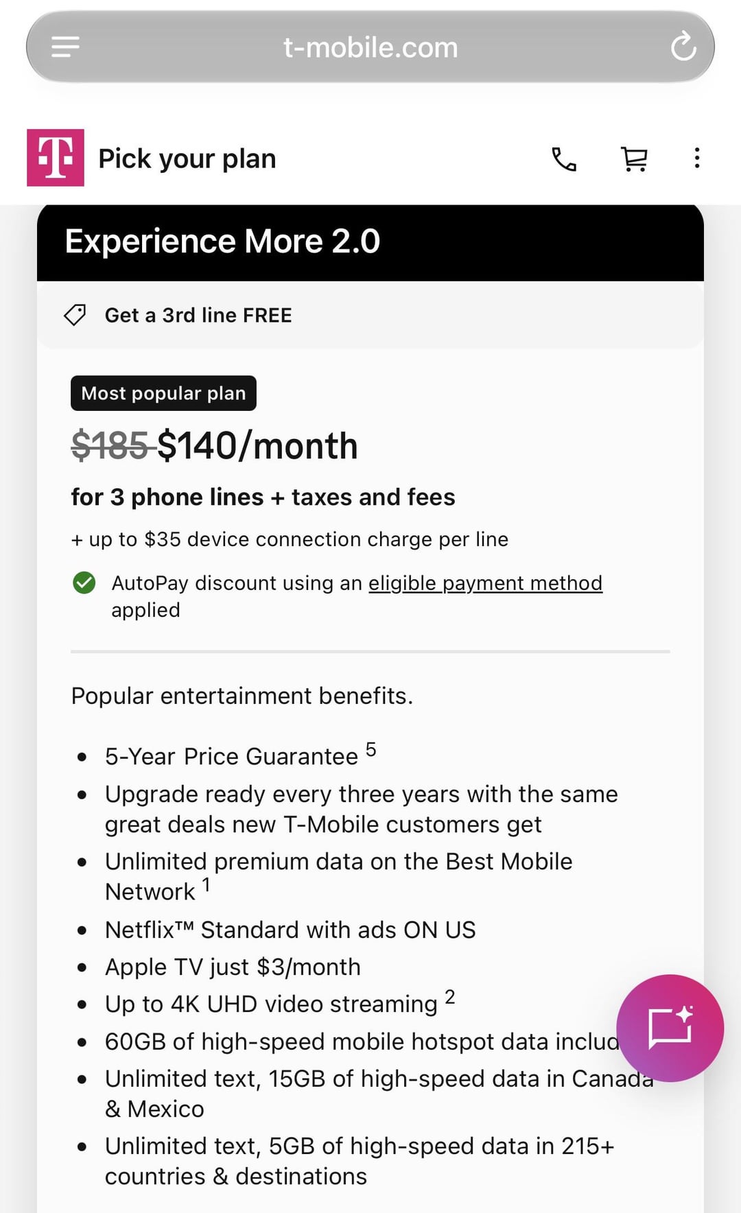 T-Mobile Experience More 2.0 mobile plan selection page showing pricing and benefits