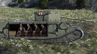 Cursed AI animation of four men in white shirts and suits sitting inside a camouflaged tank as it fires its main gun.