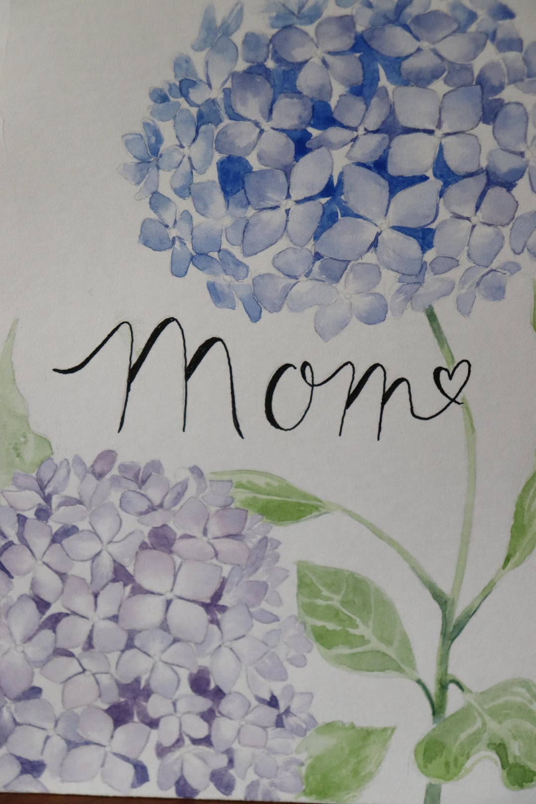 Watercolor painting of blue and purple hydrangea flowers with the word 'Mom' in cursive on a white background