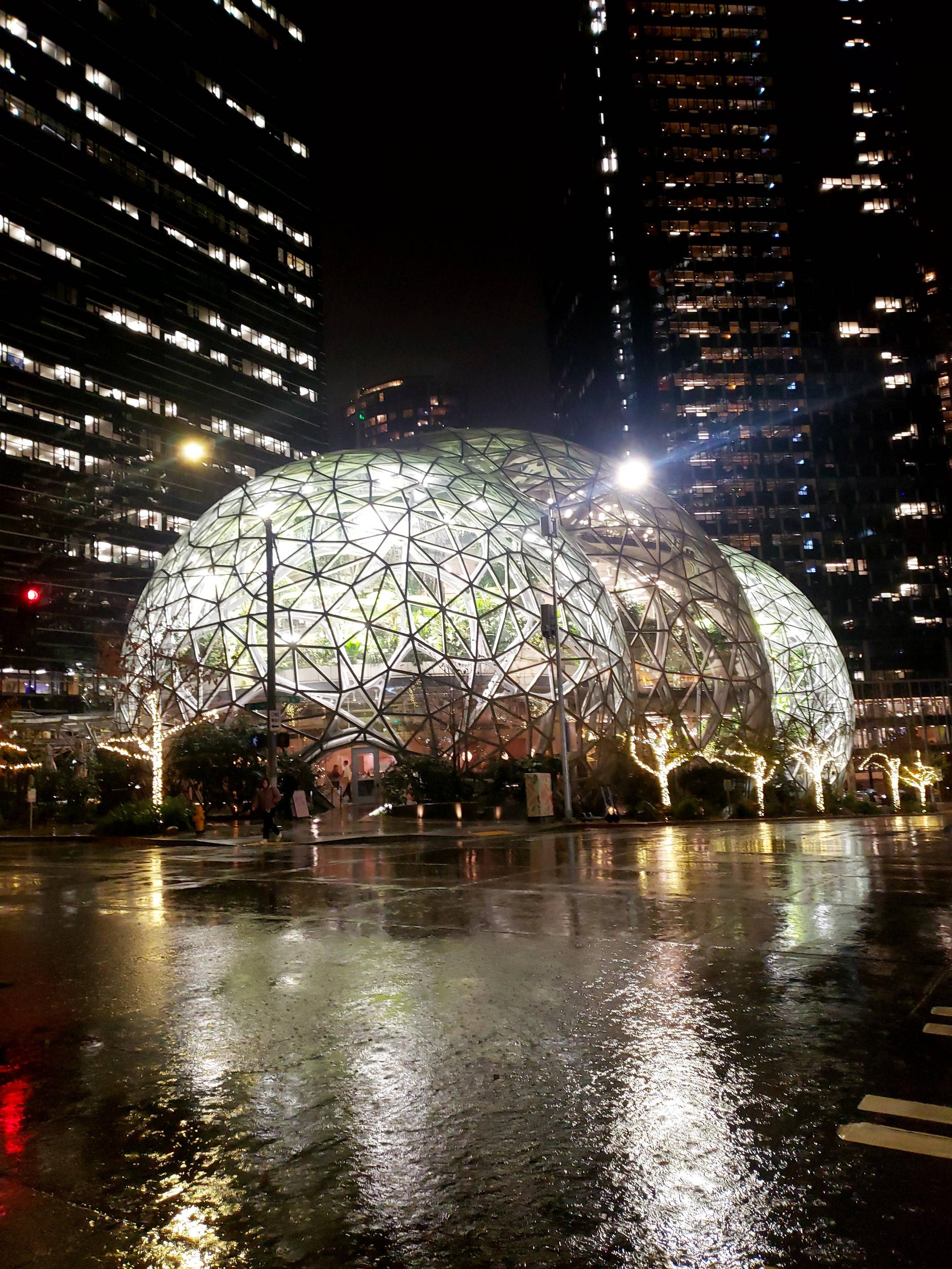 Jeff Bezos and his cronies were planning something extra sinister last night at their headquarters, defying the cold rain with their balls full of tropical plants.
