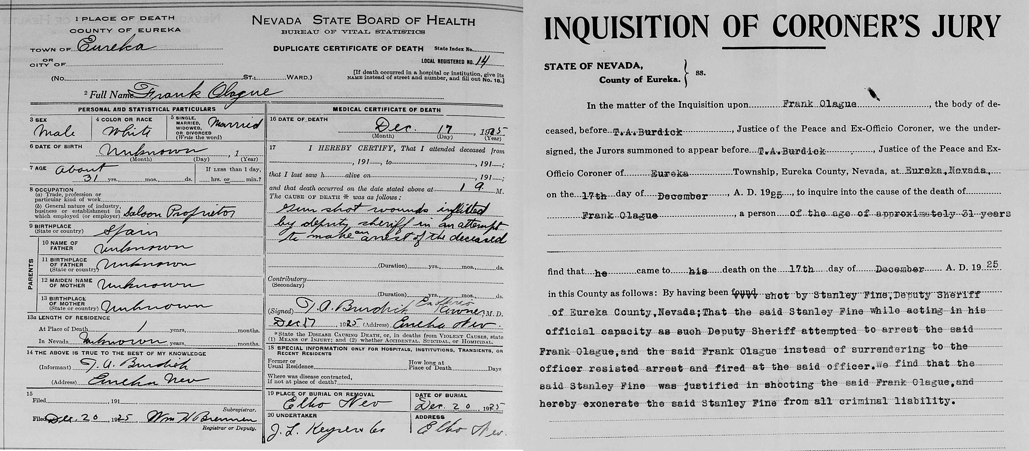 Death certificate and coroner's inquest of man shot by deputy sheriff ...