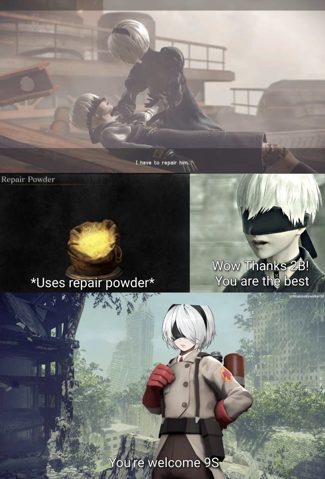 2B becomes the Medic. Trying to Make a meme out of every line from Nier ...