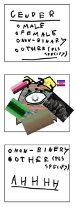 egg_irl meme: a character made of pride flags filling out a gender form and writing 'NON-BINERY' and 'AHHHH'