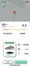 StepN fitness app screenshot showing a 6.2 KM walk with steps, time, and virtual shoe rewards