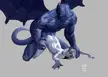 Drow Ranger being held from behind by a muscular blue demon monster