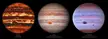 Three images of Jupiter in infrared, visible, and ultraviolet light on Jan 11, 2017