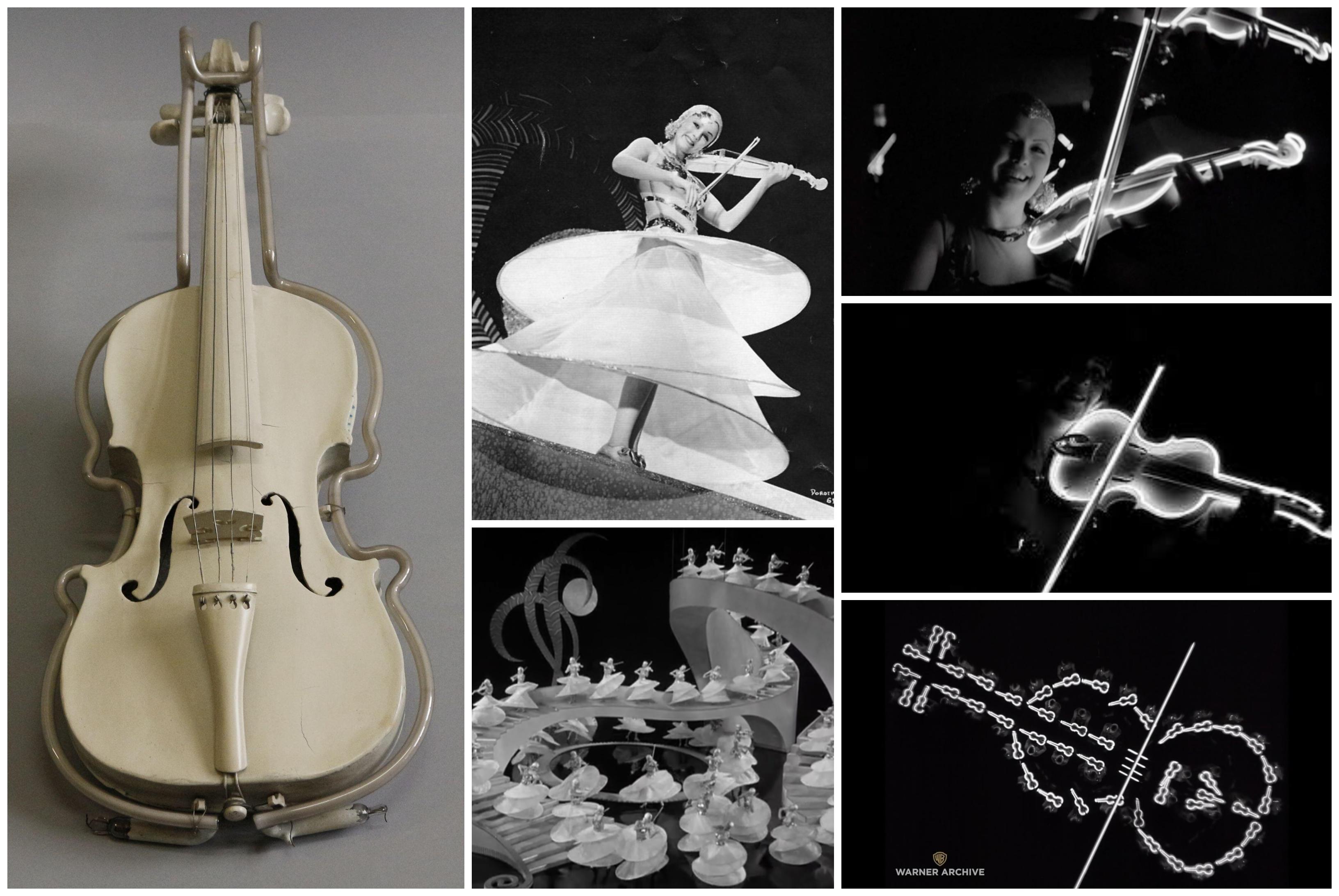 Neon-tubed violin from Gold Diggers of 1933, a musical choreographed by Busby Berkeley. In the “Shadow Waltz” number, dancers in billowing white dresses play violins and when the lights are switched off, their neon-tubed violins glow in the dark; the dancers then form one giant violin. V&amp;A.