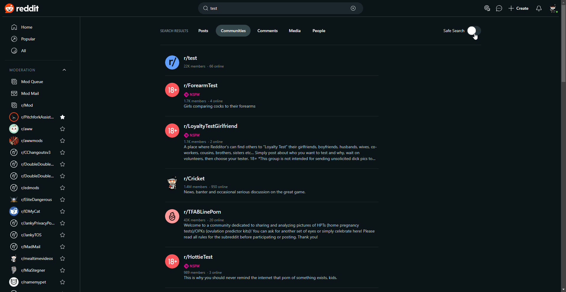 /r/test is being filtered by safe search???