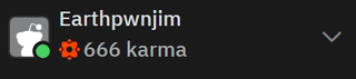 A cursed meme screenshot of user Earthpwnjim's profile showing 666 karma.