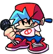 Anime art of a blue haired cartoon character wearing a red baseball cap and white shirt holding a microphone.