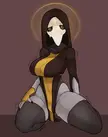 Busty woman in a black and yellow hooded bodysuit, mask, and halo, kneeling in a doctor roleplay scene by vetisx.