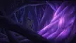 Zero Two with long pink hair and white clothing in a purple cavern, showing blood-stained hands and face